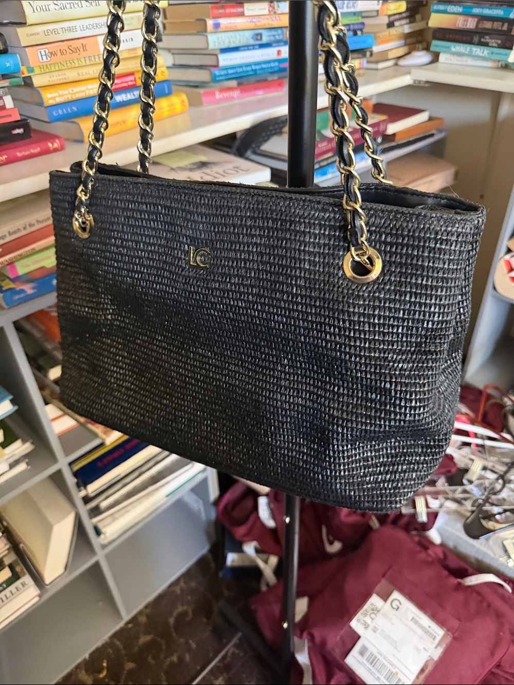 Liz Claiborne Black Woven Shoulder Bag with Gold Chain Accents